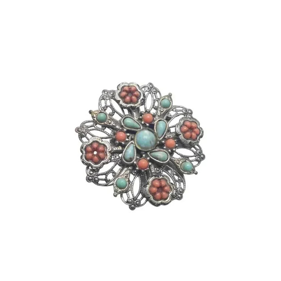 Vintage Faux Turquoise Coral Brooch Pin Silver Tone Filigree Southwestern Style - Picture 2 of 4